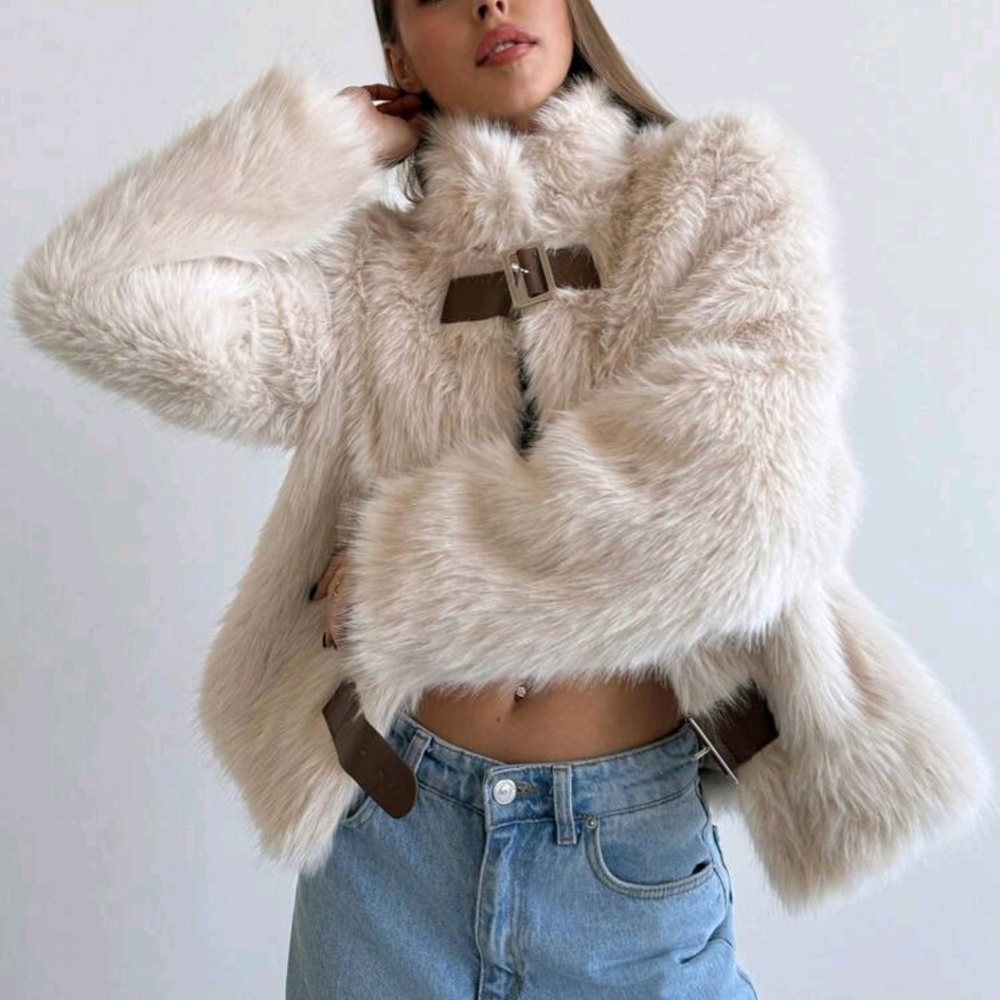 Women Stand Collar Fitted Long Sleeve Fluffy Button Apricot Jacket, Warm - Picture 8 of 8